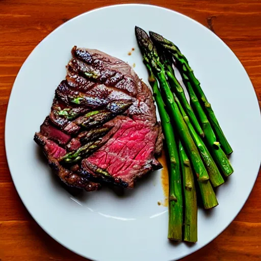 Image similar to Steak and asparagus, HD, studio lighting, 8K, hyper realistic, michelin 5 star, award winning photo