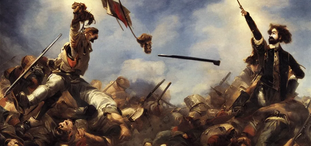 Image similar to a moustached frenchman holding a gpu above his head triumphantly during a battlefield victory, romanticism painting, hyper detailed