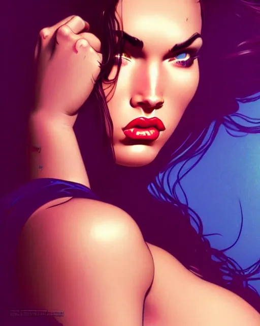 Image similar to low angle closeup beautiful very seductive megan fox retro scifi pinup, action glamour pose, windblown dark hair, hyper detailed, digital art, studio lighting, smooth, ambient volumetric lighting, sharp focus, frank miller, wlop, anna dittmann, moebius!, alphonse mucha, patrick nagle!!, rim lighting, synthwave