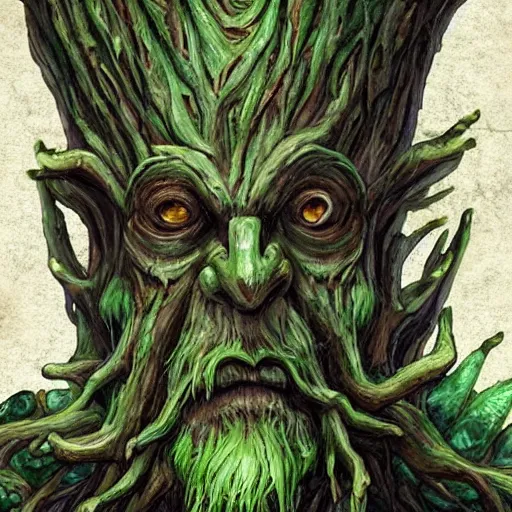 Image similar to giant green old treant creature, elven treant made of leaves and roots, old elven treant, old humanoid ents, elven face, old human face, old humanoid treant, epic fantasy style, green theme, forest background, hearthstone artwork