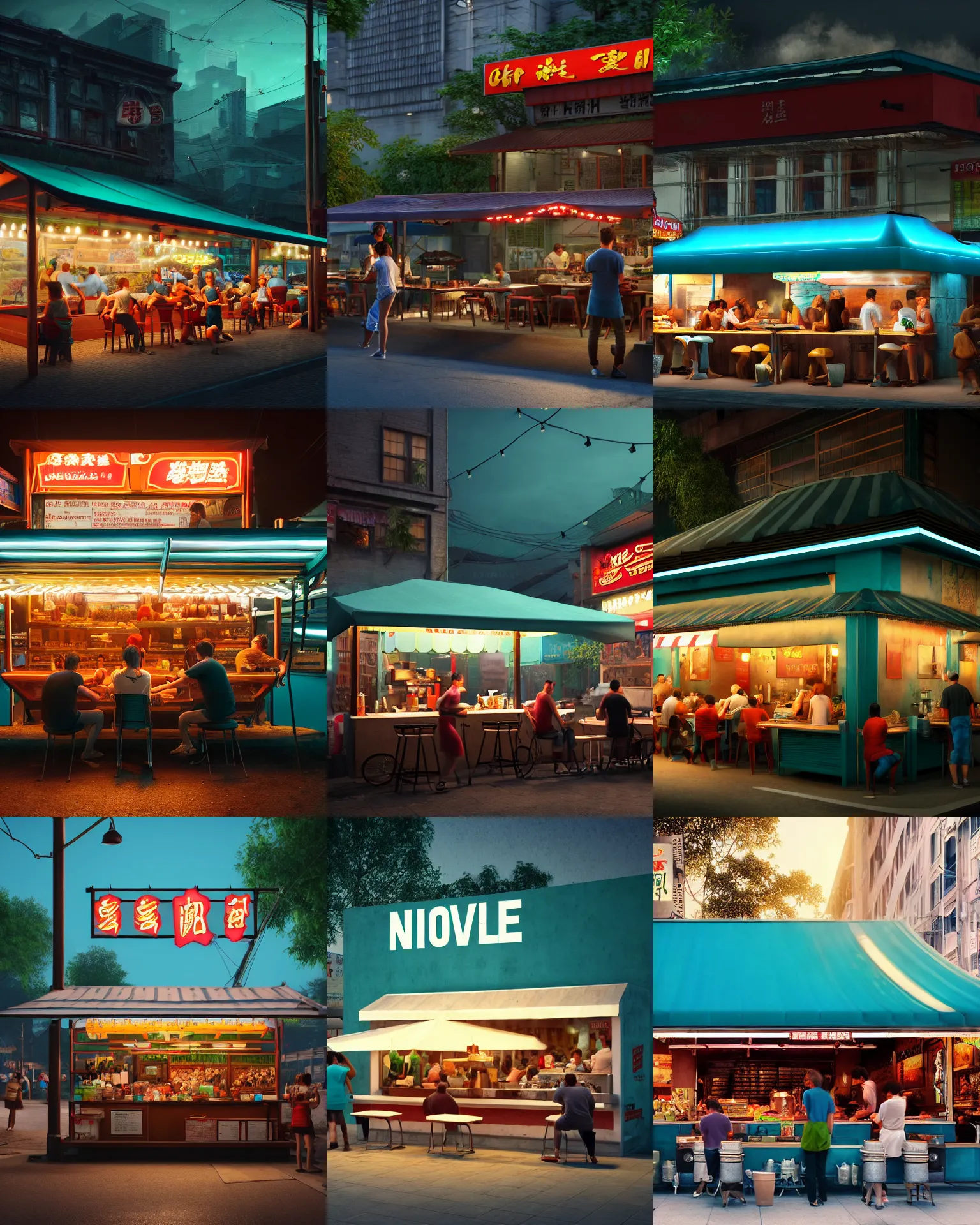 Prompt: establishing shot movie still of an outdoor noodle stand, customers eating at the outdoor noodle stand, steamy, dark teal lighting, hard dramatic lighting, unreal engine, hyper realism, realistic shading, cinematic composition, blender render, octane render, hdr, detailed textures, photorealistic, sharp focus, wide shot