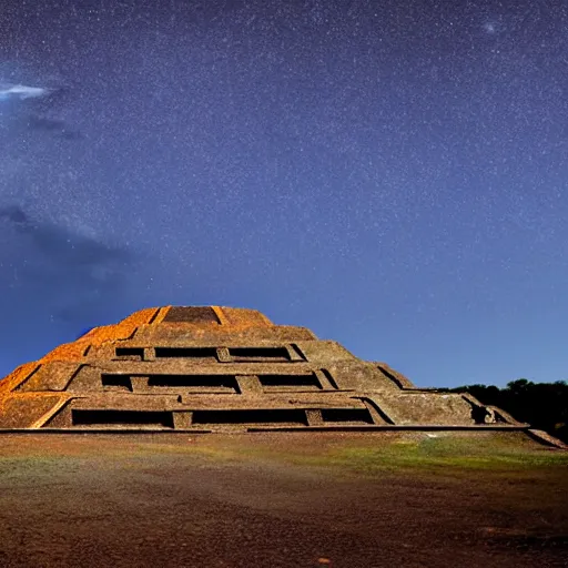 Image similar to Alien ship landing on teotihuacan pyramids at night flashes of light epic cosmic background starry night realistic photograph