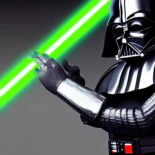 Image similar to A studio image of Darth Vader holding a green lightsaber, ray tracing, 4k, hyper detailed, studio lighting, movie set,