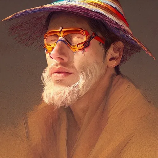 Image similar to portrait of a blindfolded man wearing a multicolored cloak and a wide brimmed straw hat, detailed face, highly detailed, cinematic lighting, digital art painting by greg rutkowski