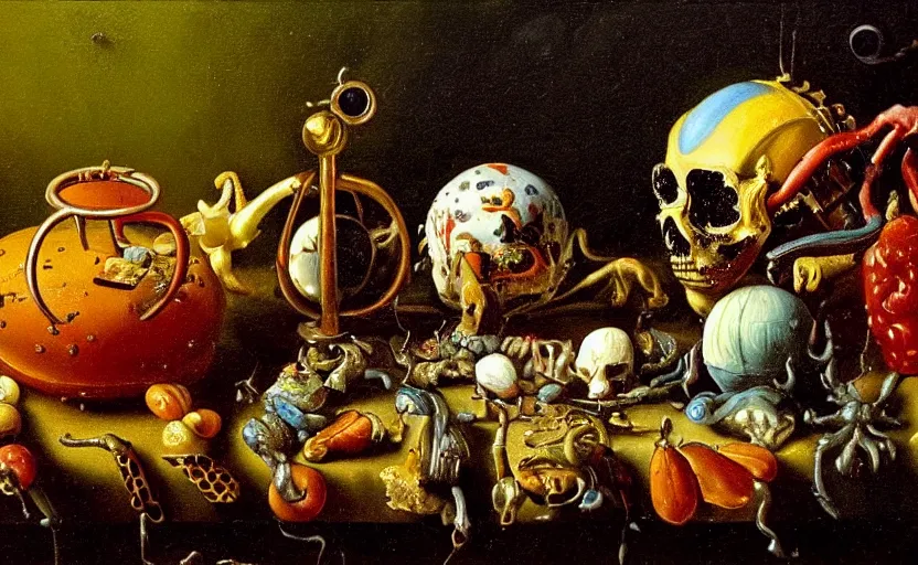 Image similar to disturbing colorful oil painting dutch golden age vanitas still life with bizarre objects strange gooey surfaces shiny metal bizarre insects rachel ruysch dali todd schorr very detailed perfect composition rule of thirds masterpiece canon 5 0 mm, cinematic lighting, photography, retro, film, kodachrome