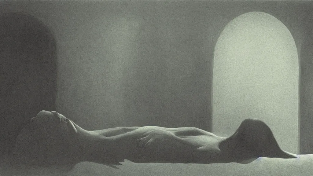 Prompt: an unknown figure sleeps in a bed, I wait by Zdzisław Beksiński, film still, cinematic