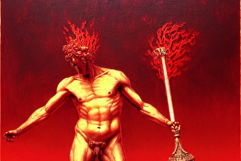 Image similar to only with red, a red melted apollo with a laurel wreath and a flaming sword announce the win, atene in the background, in the style of beksinski, part by hopper, part by rodcenko, part by hofbauer, intricate composition, red by caravaggio, insanely quality, highly detailed, masterpiece, red light, artstation