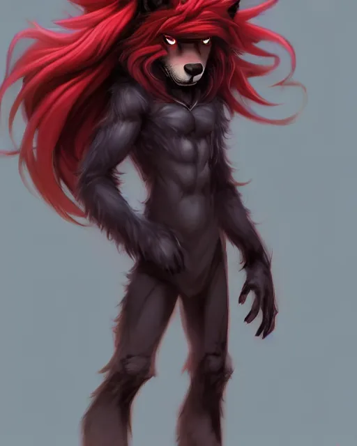 Prompt: character concept art of a black anthropomorphic furry male wolf with long red hair | | cute - fine - face, pretty face, key visual, realistic shaded perfect face, fine details by stanley artgerm lau, wlop, rossdraws, james jean, andrei riabovitchev, marc simonetti, and sakimichan, trending on artstation