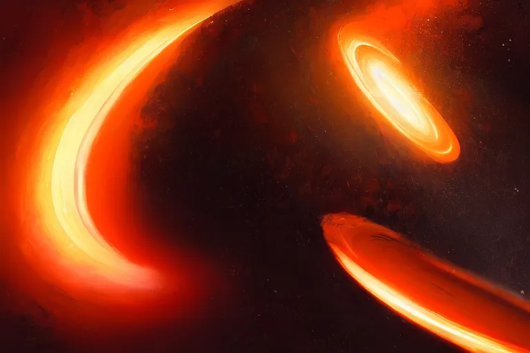 Image similar to a beautiful oil painting of the event horizon of a black hole, orange, warping, detailed, beautiful, awe - inspiring, bright, by greg rutkowski, trending on artstation