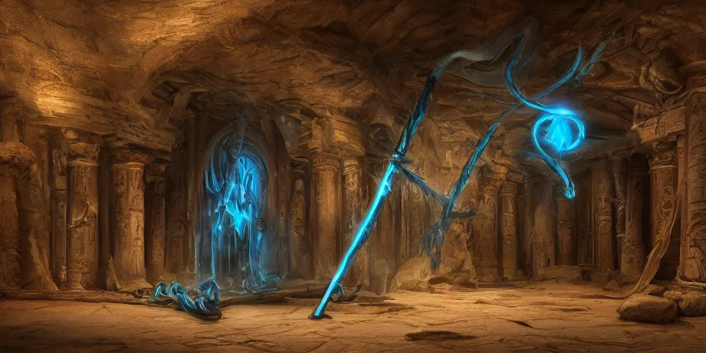 Image similar to old twisted wooden staff weapon with a blue crystal at it's tip, fantasy movie scene greg rutkowski digital painting of an ornate and royal egyptian antechamber tomb, unreal engine, hyper realism, realistic shading, cinematic composition, blender render, octane render, hdr, detailed textures, photorealistic, ultrawide shot, 3 5 mm film