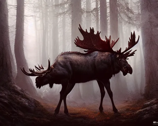 Image similar to 5 5 mm portrait photo of an armored demonic undead rotting moose with red eyes antlers and looking at the camera, in a magical forest. magical atmosphere. art by greg rutkowski and luis royo. highly detailed 8 k. intricate. lifelike. soft light. nikon d 8 5 0.