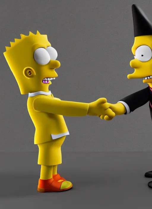 Image similar to bart simpson and harry potter business handshake, they're all statues, octane render, 8 k, highly detailed, hyper - realistic.