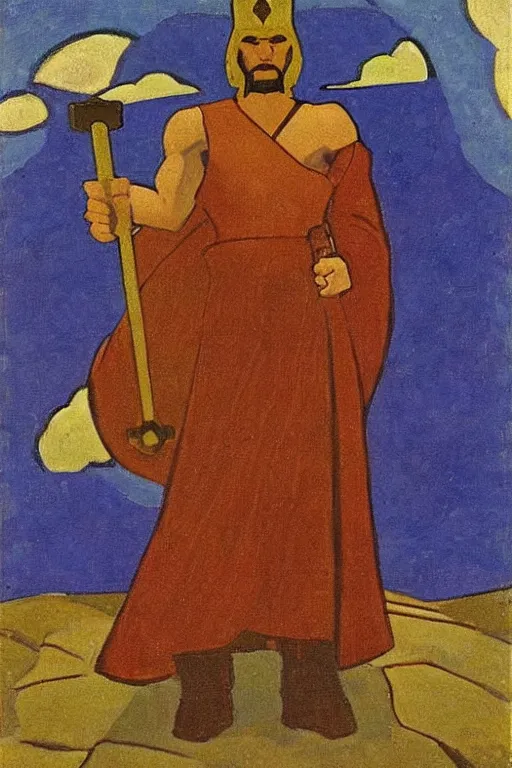 Image similar to thor with hammer, marvel, artwork by nicholas roerich,