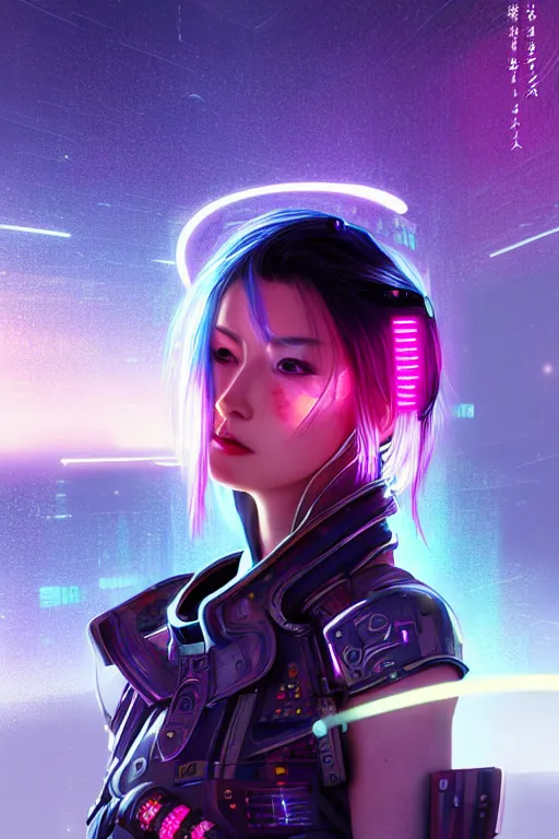 Image similar to portrait futuristic fabulous cyberpunk female samurai, in futuristic starlight galaxy tokyo rooftop cyberpunk night, ssci-fi, fantasy, intricate, very very beautiful, elegant, neon light, highly detailed, digital painting, artstation, concept art, soft light, hdri, smooth, sharp focus, illustration, art by tian zi and craig mullins and WLOP and alphonse mucha