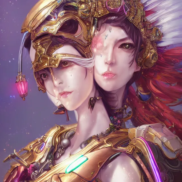 Image similar to studio portrait of lawful good colorful female holy mech paladin as absurdly beautiful, elegant, young sensual anime girl, ultrafine hyperrealistic detailed face illustration by kim jung gi, irakli nadar, intricate linework, sharp focus, bright colors, matte, octopath traveler, final fantasy, unreal engine highly rendered, global illumination, radiant light, intricate environment