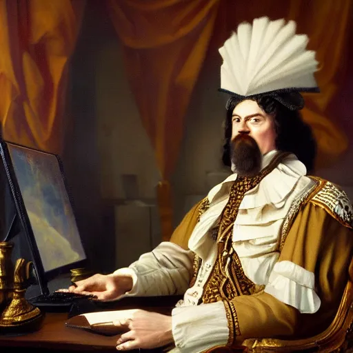 Prompt: russian tsar Peter The Great in tricorne hat and camisole, clean-shaven 18th century installs operating system on desktop computer oil painting, detailed, artfully traced, 4k resolution, cinematic, dramatic