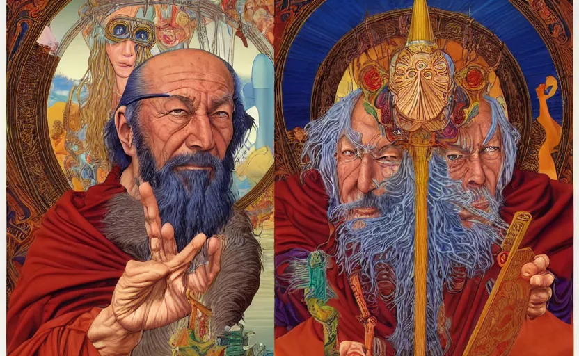 Image similar to an astonishing and hilarious jean giraud work of art of sasha and anne shulgin in the style of a renaissance masters portrait, mystical and new age symbolism and tibetan book of the dead imagery, intricately detailed, chemisty theme, 4 k