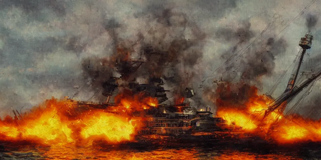 Image similar to dieselpunk battleship on fire, full shot, side view, impressionist painting