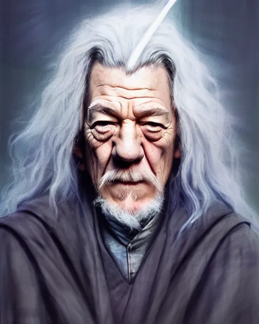 Image similar to portrait Anime joyful Gandalf Ian McKellen; White robe with wooden wizard staff, elven background || cute-fine-face, pretty face, realistic shaded Perfect face, fine details. Anime. realistic shaded lighting by katsuhiro otomo ghost-in-the-shell, magali villeneuve, artgerm, Jeremy Lipkin and Michael Garmash and Rob Rey Ilya Kuvshinov