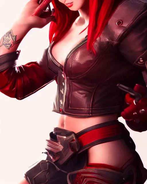 Image similar to a girl with short red hair, cool, vi from arcane, league of legends, fighter, cool red jacket, tattoo, beautiful, 3 d, potrait, art staion, studio light, closeup shot, octane render, wlop