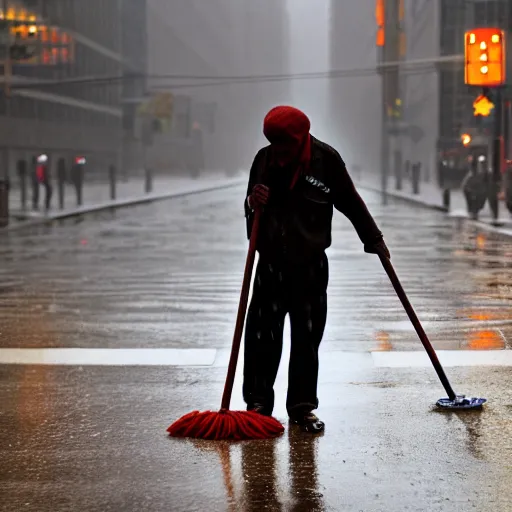 Prompt: closeup portrait of a cleaner with a mop fighting puddles in rainy new york street, by Steve McCurry and David Lazar, natural light, detailed face, CANON Eos C300, ƒ1.8, 35mm, 8K, medium-format print