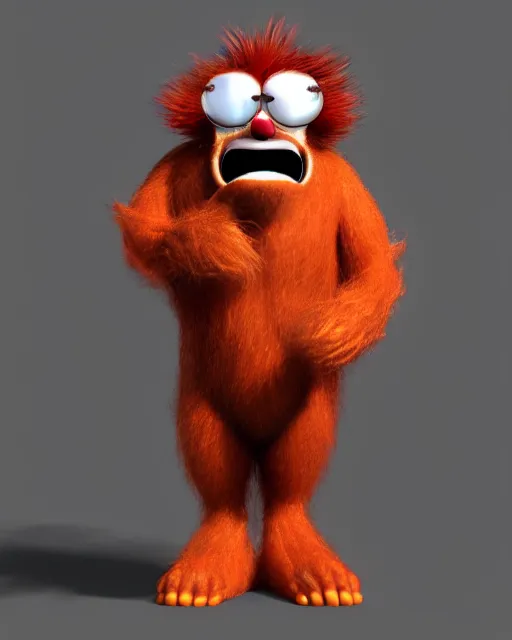 Image similar to 3 d render of completely red hairy friendly antropomorphic creature wearing chrome shades, without nose, shy smile, full body, standing on 2 feet, in the style of pixar, white background, unreal engine 5, octane render, highly detailed hdr