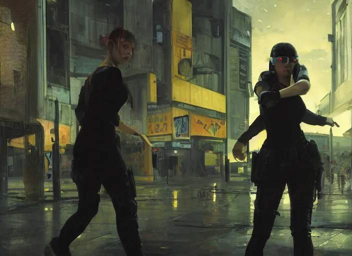 Image similar to Maria evades sgt Nash. Cyberpunk hacker wearing yellow escapes police troopers (blade runner 2049, cyberpunk 2077). beautiful face. Free running. Orientalist portrait by john william waterhouse and James Gurney and Theodore Ralli and Nasreddine Dinet, oil on canvas. Cinematic, hyper realism, realistic proportions, dramatic lighting, high detail 4k