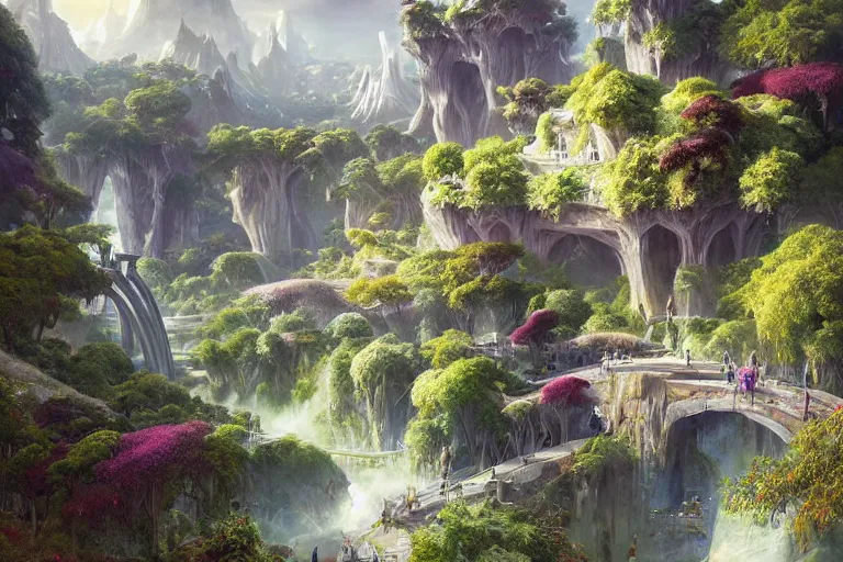 Prompt: Brutalist Solarpunk Shiro in Eden amazing concept painting, by Jessica Rossier , Gleaming White, fey magical lighting, overlooking a valley, Himeji Rivendell Garden of Eden, topiary, manicured gardens, terraced orchards and ponds, lush fertile fecund, fruit trees, by Brian Froud by Beksinski