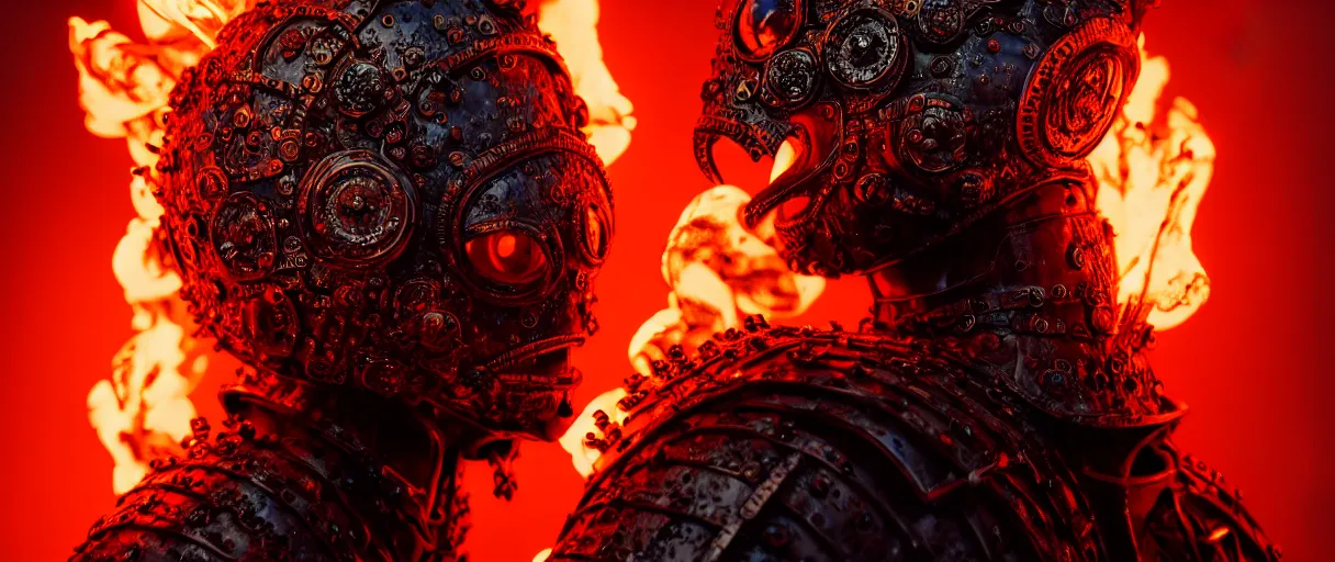 Image similar to hyperrealist highly detailed english medieval portrait of high fashion monster wearing flame fire smoke flame armor, radiating atomic neon corals, concept art pascal blanche dramatic studio lighting 8k wide angle shallow depth of field