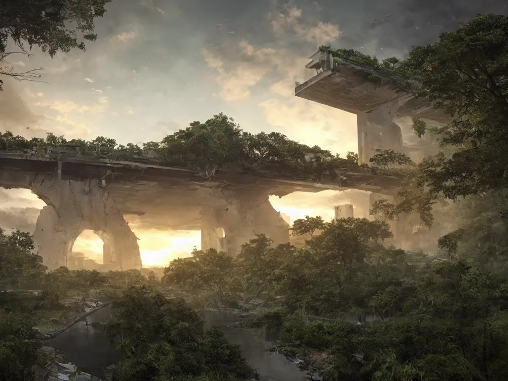 Image similar to a high magnificent broken bridge in a war-torn city, ruins, surrounded by lush green vegetation, stunning volumetric lighting, sunset, solid concrete, stunning skies, trending on Artstation, 8k, photorealistic, hyper detailed, unreal engine 5, IMAX quality, cinematic, epic lighting, in the style of DOOM and Quake and Le Corbusier and Greg Rutkowski