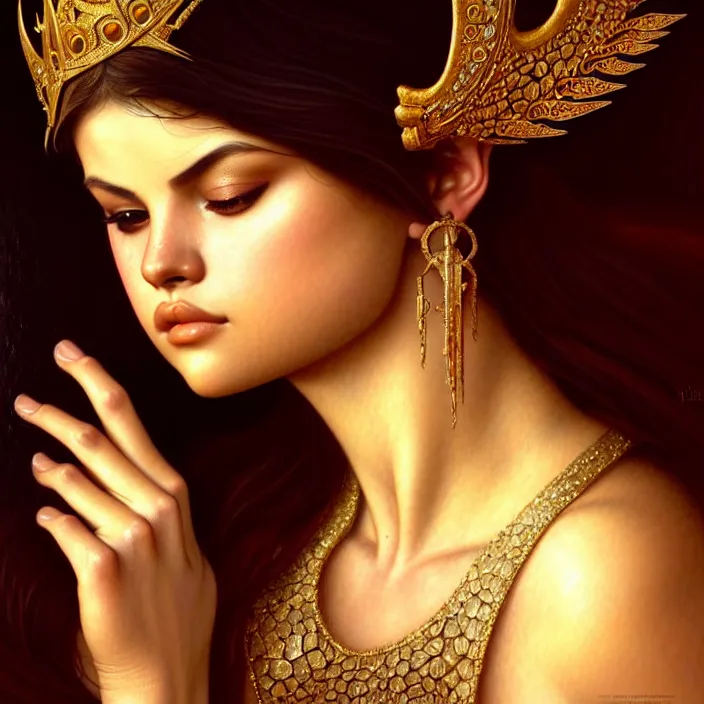 Image similar to ancient queen selena gomez, diffuse lighting, fantasy, intricate, elegant, highly detailed, lifelike, photorealistic, digital painting, artstation, illustration, concept art, smooth, sharp focus, art by john collier and albert aublet and krenz cushart and artem demura and alphonse mucha