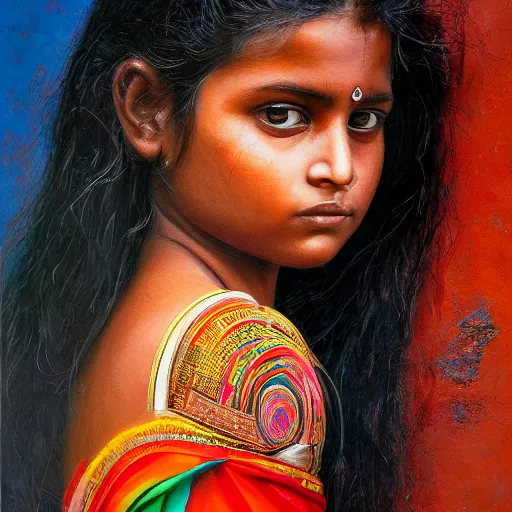 Image similar to stunning, breathtaking, awe - inspiring award - winning concept art portrait painting by steve mccurry of a beautiful young hindu woman with short, wavy hair, wearing a colorful sari