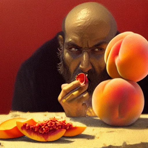 Image similar to Portrait of a feral man eating a peach, factory background, detail chewing, aesthetic, by greg rutkowski, rendered in octane