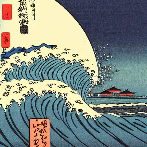 Prompt: tsunami wave destroying a city ukiyoe style