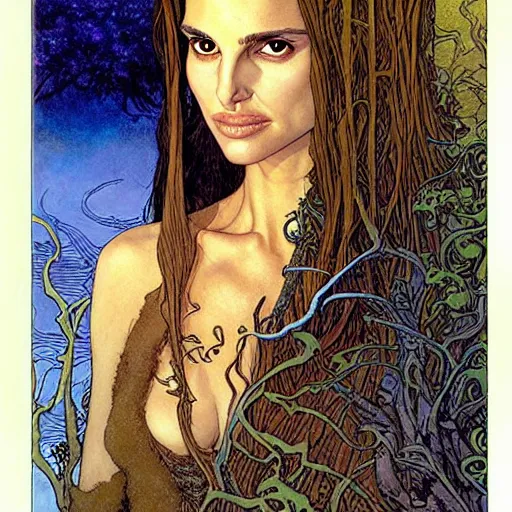 Image similar to a realistic and very beautiful and atmospheric portrait of a young natalie portman as a druidic wizard looking at the camera with an intelligent but seductive gaze by rebecca guay, michael kaluta, charles vess and jean moebius giraud