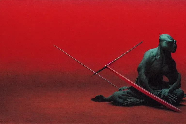 Image similar to only with red, a red samurai do seppuku, tokio, a lot of frogs watch, in the style of beksinski, parts by edward hopper, parts by rodcenko, parts by yue minjun, intricate and epic composition, red by caravaggio, insanely quality, highly detailed, masterpiece, red light, artstation, 4 k