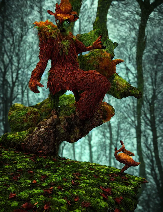 Prompt: animal god of autumn in the lichen woods. this 3 d render by an indie artist has an interesting color scheme, plenty of details and impeccable lighting.