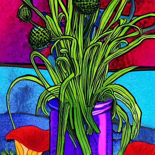 Prompt: a jar with a variety of beautiful plants inside, digital art, awards winning, colorful, vibrant