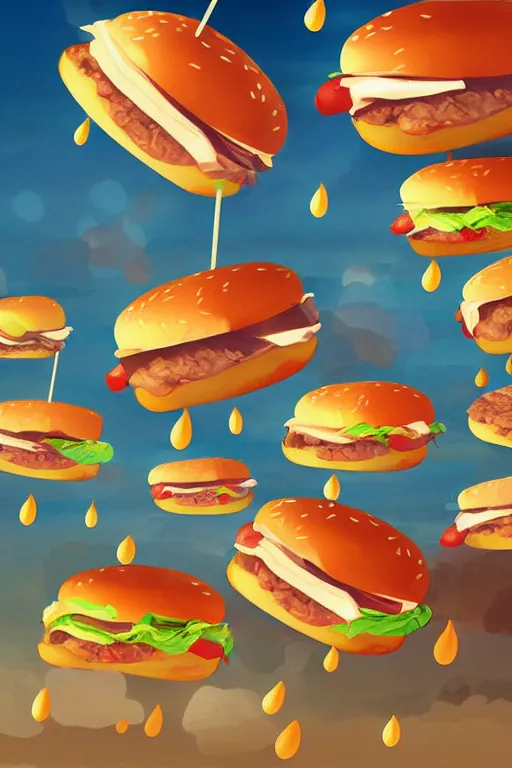 Prompt: hamburgers raining from the sky, digital art, artstation trending, digital painting