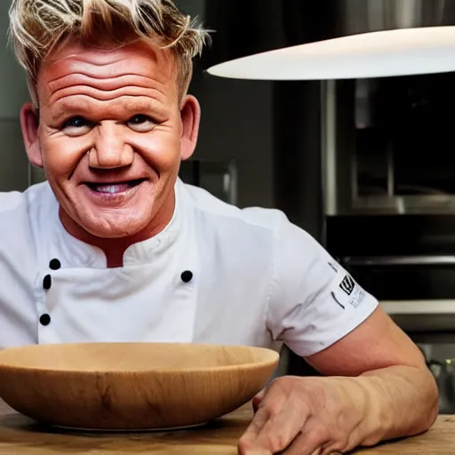 Prompt: gordon ramsay smiling ear to ear after making a dog dish