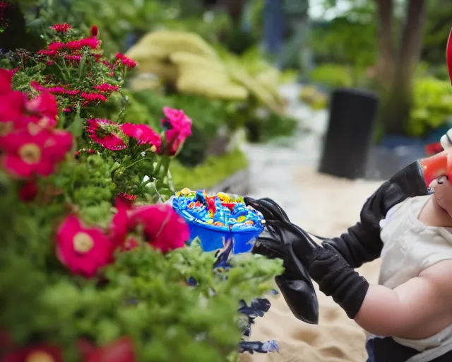 Image similar to 8 5 mm food photography of darth vader playing with toys near a garden with sand with dof and bokeh and flowers o