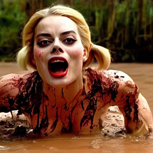 Prompt: film still, close up, margot robbie as harley quinn rising out of muddy vietnam river with a giant hammer, face covered in mud, low camera angle at water level, night time, film still from apocalypse now ( 1 9 7 9 ), 2 6 mm.