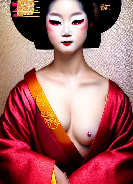 Prompt: sexy glamorous Geisha extreme closeup portrait, beautiful pale makeup, pearlescent skin, elegant pose, very detailed, highly detailed kimono, photorealism, sharp focus, photorealism, soft diffuse autumn lights, some sunlight ray, dark room wall, zen temple background, painted by Leonardo da vinci