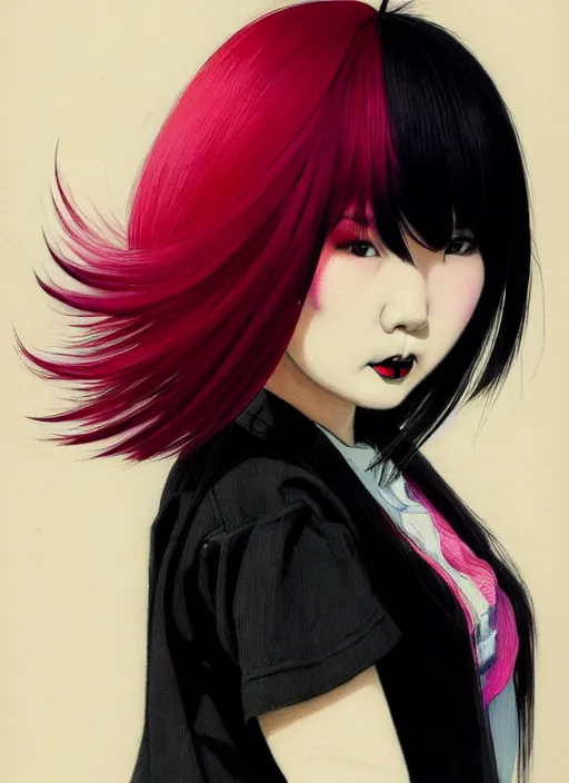 Image similar to portrait of a plump japanese woman with a crooked nose and a confident expression, 1 9 6 0 s, black clothes, goth, punk, brightly coloured hair, funk, intricate, elegant, highly detailed, digital painting, artstation, concept art, smooth, sharp focus, illustration, art by wlop, mars ravelo and greg rutkowski