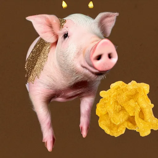 Image similar to pig wearing a gold crown swimming in bag of pork rinds