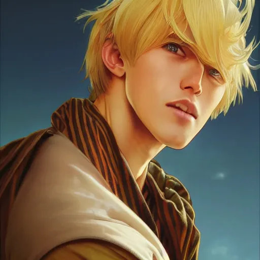 Image similar to highly detailed vfx portrait of a blond young man by eiichiro oda, makoto shinkai, alphonse mucha, sharp focus, art by artgerm and greg rutkowski!, backlit, harsh overhead sunlight, detailed,