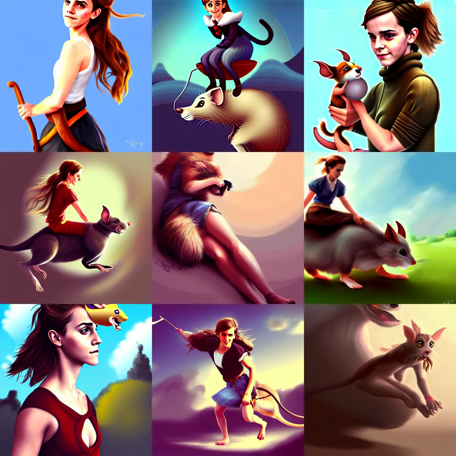 Prompt: emma watson riding a giant mouse, digital painting, artstation