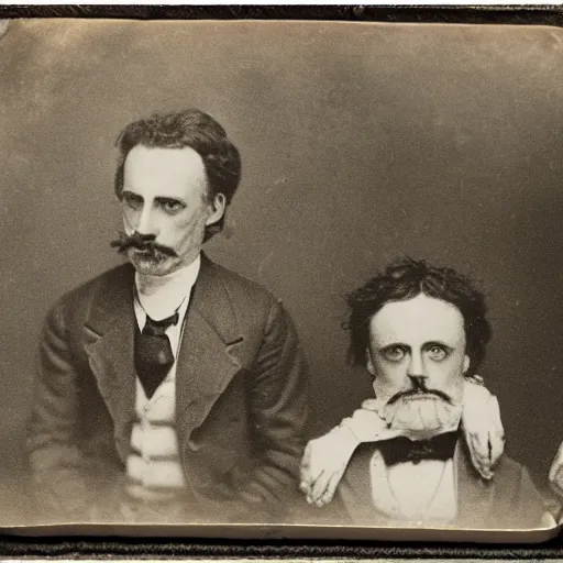 Prompt: tintype photo of rick and morty. 1 8 8 0 s