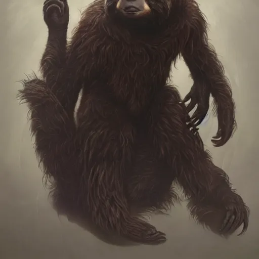 Prompt: unholy sloth, animal sloth, anthropomorphic sloth, demon, demonic robes, dirty matted fur, evil, horror, ultra details, art by artgerm, dwayne barlowe, trending on artstation and greg rutkowski and alphonse mucha, 8 k