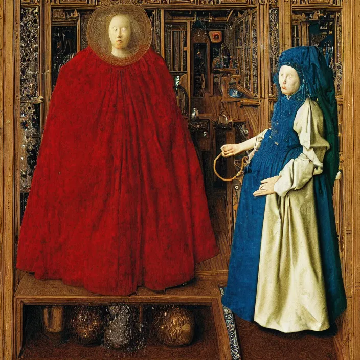 Prompt: a woman made of bubbles, standing next to a monster, by Jan van Eyck